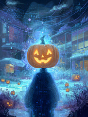 Scary Halloween background with pumpkins and fog. Neural network AI generated art