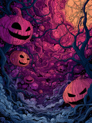 Scary Halloween background with pumpkins and fog. Neural network AI generated art
