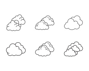 Various cloud shapes outline set on white background meteorological concept for design purposes and artistic compositions