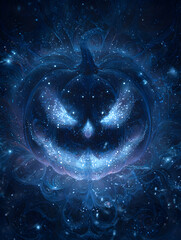 Scary Halloween background with pumpkins and fog. Neural network AI generated art