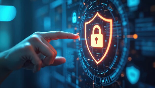 Human hand interacts with digital security interface featuring glowing shield, padlock. Cyber protection, data safety, technological defense central themes. Emphasizes vigilance, trust, collaboration