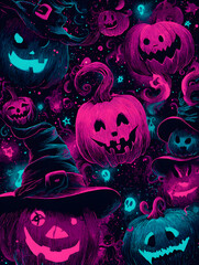 Scary Halloween background with pumpkins and fog. Neural network AI generated art