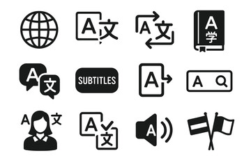 Obraz premium Language and translation icon set including subtitles, flags, and search symbols