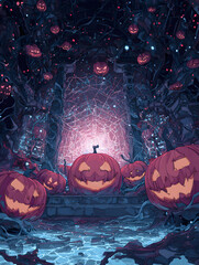 Scary Halloween background with pumpkins and fog. Neural network AI generated art
