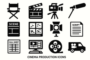 Cinema production icons: camera, script, clapperboard, studio chair, lighting