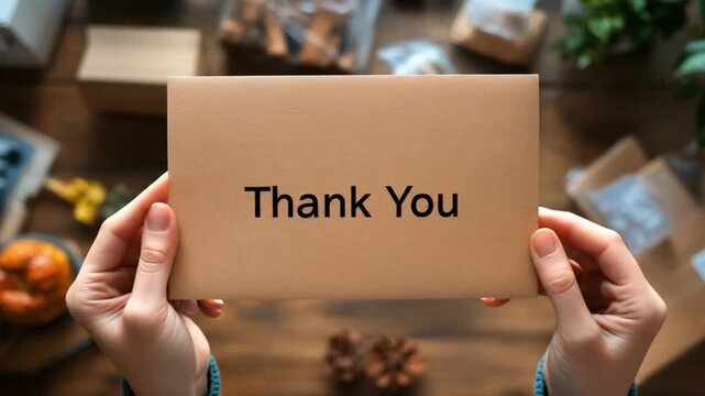 Appreciative hands displaying thanksmessage card