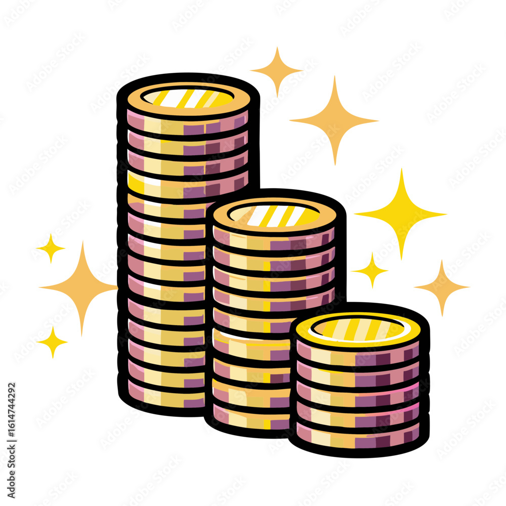 Poster stacks of coins in pop art style with sparkles, isolated vector image on transparent background