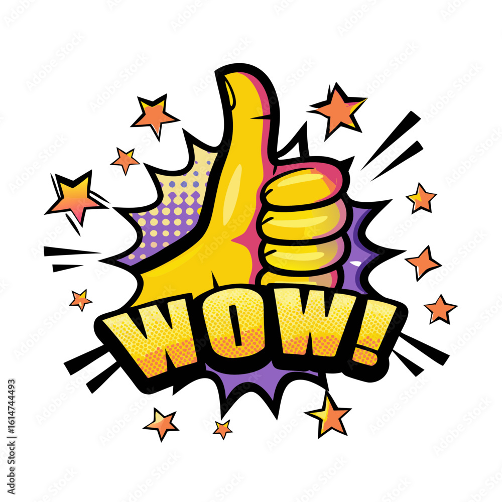 Poster thumb-up gesture with comic style stars and wow text in pop art, isolated vector image on transparen