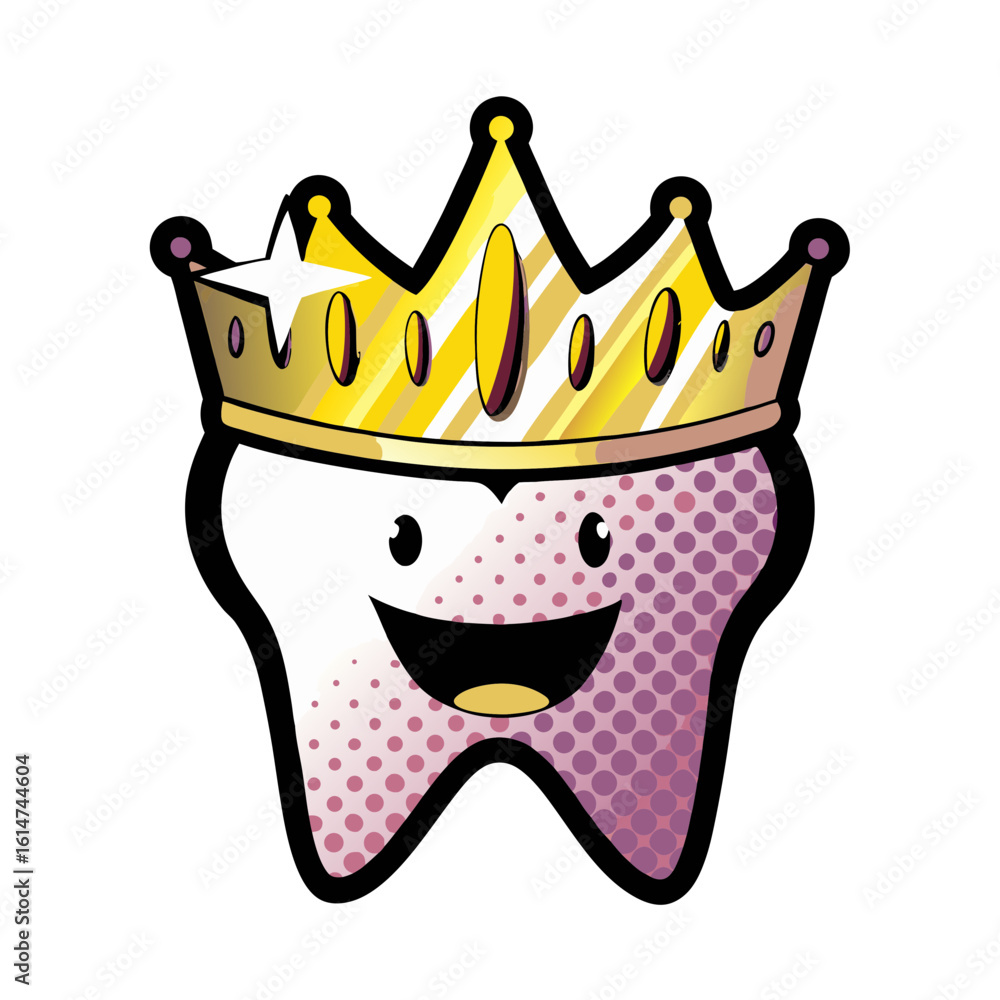 Poster smiling tooth wearing a crown in pop art comic style, isolated vector image on transparent backgroun