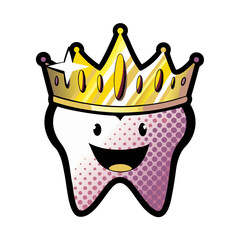 Smiling tooth wearing a crown in pop art comic style, isolated vector image on transparent background  