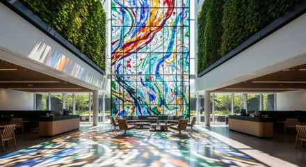 Expansive modern building lobby featuring a vibrant, floor-to-ceiling abstract stained glass art installation and lush green living walls.