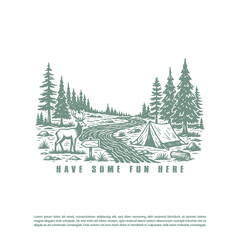 Fototapeta premium Retro hand drawn camping wild forest, tent in forest illustration