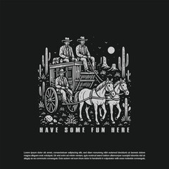 Vintage retro hand drawn three cowboy riding horse with wooden wagon isolated on black background