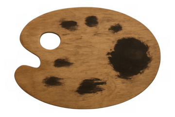 Wooden artist's palette with black paint stains on transparent background