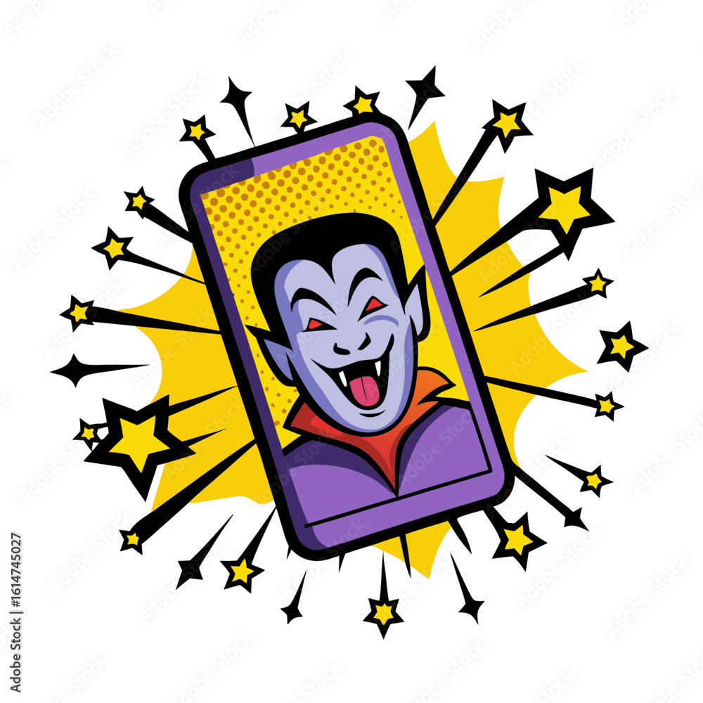 Poster vampire character on smartphone screen with pop art style explosion, isolated vector image on transp