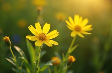 Fototapeta premium Bright yellow wildflower blooms with rich green foliage under warm sunlight. Delicate petals, cheerful colors create serene, vibrant, peaceful natural scene. Perfect for spring summer garden themes.
