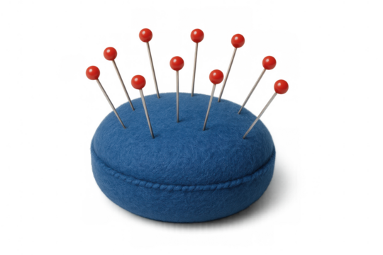 Blue pincushion with red-headed pins on transparent background - Powered by Adobe