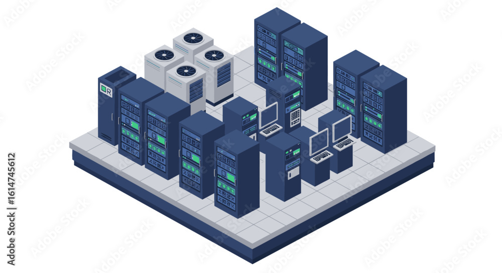Poster modern isometric server room setup with computers and cooling units