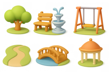 3d cartoon style park elements: trees, bench, fountain, swing, path, b