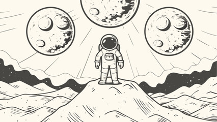 An astronaut stands on a lunar surface with three moons in the sky in a monochrome illustration