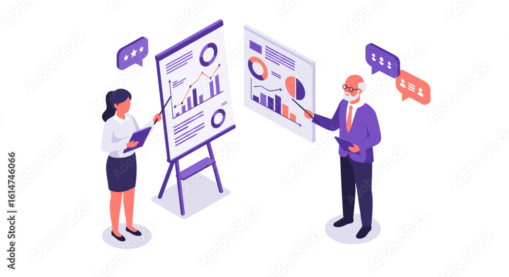 Poster business presentation with charts and graphs in isometric style