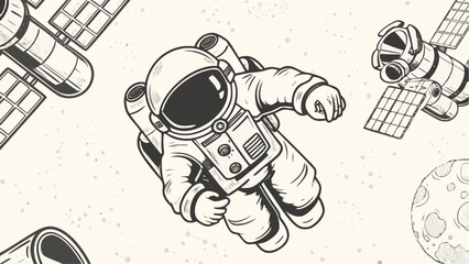 Hand drawn astronaut floating in space with satellites and moon in a vintage style illustration