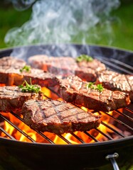Grilling steaks on an outdoor grill