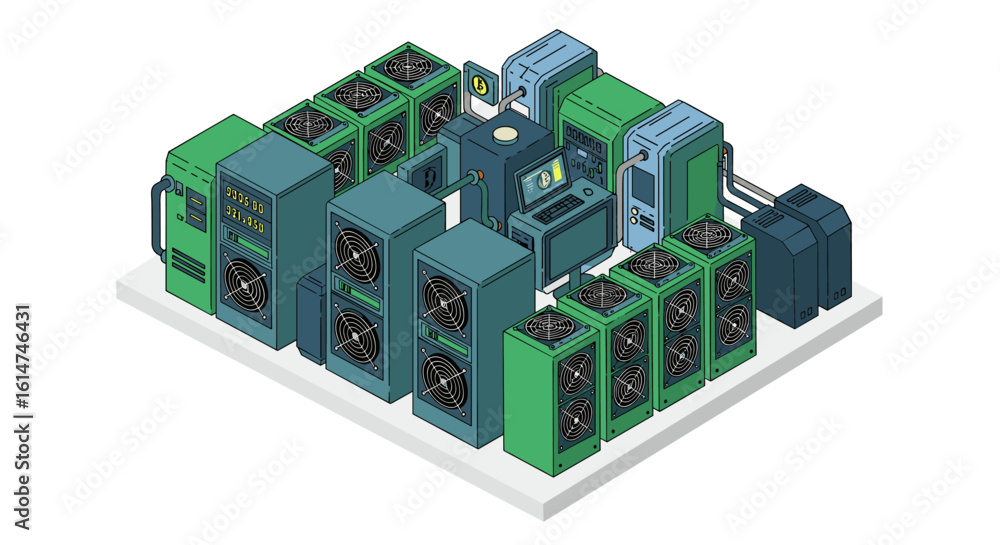 Poster isometric data center: modern server setup in digital network