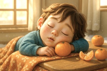こたつでみかんを食べながら眠る冬の子ども