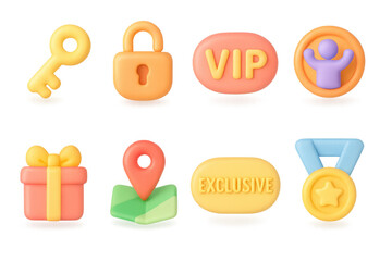 Colorful 3d icons set featuring key, lock, vip, gift, location, exclus