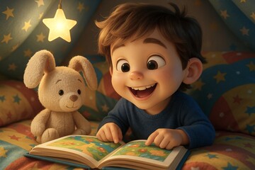 星柄の布団に囲まれて絵本を読む子どもの夜のひととき