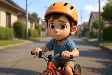 自転車の練習に挑戦するヘルメット姿の男の子の3Dイラスト
