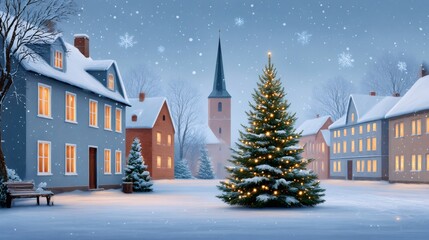 Fototapeta premium Christmas tree illuminating snowy town square at twilight