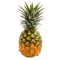 Ripe pineapple, vibrant yellow-gold skin, with a crown of green leaves