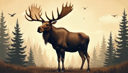 Majestic moose stands in forest scene, rendered with vintage texture for timeless feel. Coniferous trees create rustic backdrop with subtle vignetting. Artwork features large-antlered mammal in