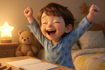 パジャマ姿で宿題を終えて喜ぶ子どもの3Dイラスト