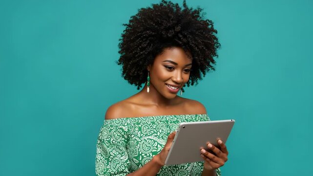 A smiling african american woman happily uses a tablet computer against a teal background