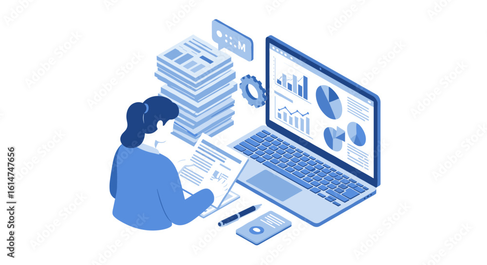 Poster analyzing data on laptop with charts and documents in isometric style