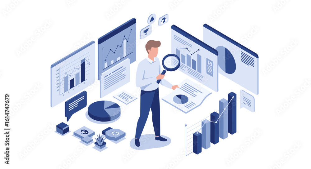 Poster isometric business analysis scene with charts and graphs