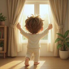 朝の光を浴びながらカーテンを開ける男の子の後ろ姿の3Dイラスト