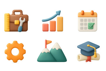 Colorful 3d icons of business and education elements with high detail