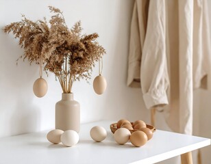 Easter eggs in vase and bowl on white table