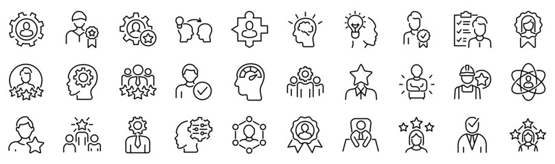Set of 30 outline icons related to expert. Linear icon collection. Editable stroke. Vector illustration
