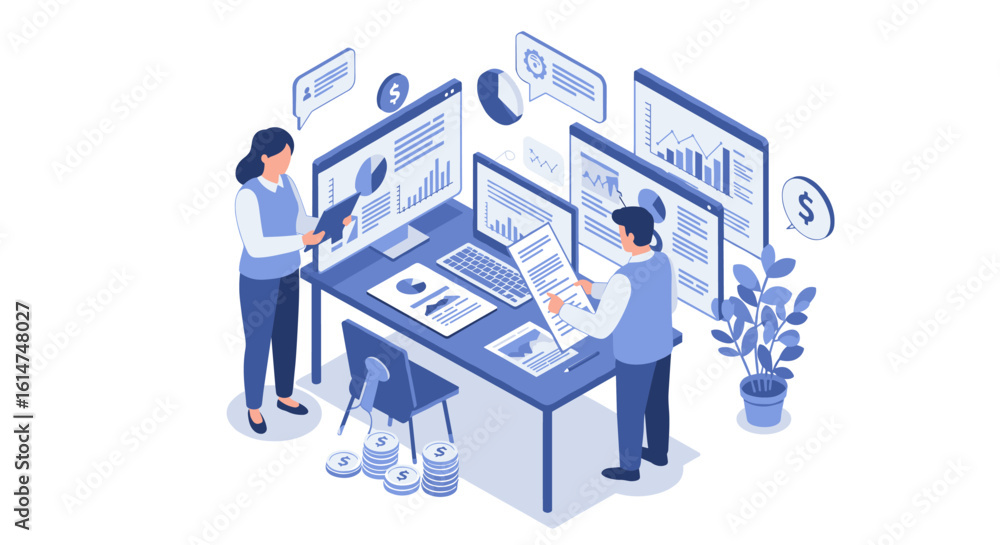 Poster office team analyzing financial data in isometric design with charts a