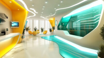 Futuristic interior with fluid lines, vibrant colors, modern decor, and technology integration