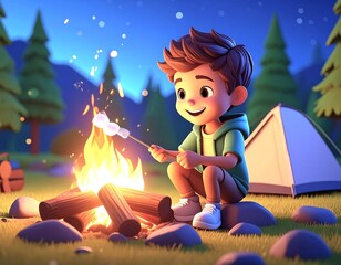 星空の下でマシュマロを焼く男の子のキャンプの3Dイラスト