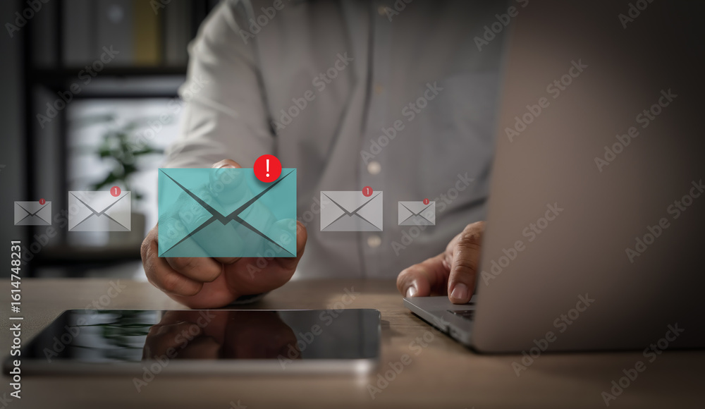 Aufkleber mail communication connection person managing email notifications digital devices, with alert icons 