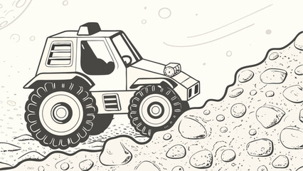 Illustration of a lunar rover driving over a rocky surface with a moon in the background drawing style