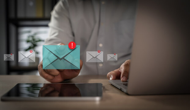 Mail Communication Connection Person managing email notifications digital devices, with alert icons indicating new messages and urgent updates
