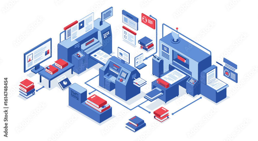 Poster isometric printing press workflow with machines and documents